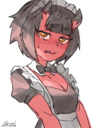 Rule 34 | 1girl, alternate costume, apron, black bow, black bowtie, black hair, bow, bowtie, breasts, bright pupils, cleavage, colored skin, commentary, english commentary, enmaided, fang, horns, kidouko (zakusi), looking at viewer, maid, maid apron, maid headdress, medium breasts, oni, open mouth, original, puffy short sleeves, puffy sleeves, red oni, red skin, short hair, short sleeves, signature, simple background, solo, sweat, upper body, white apron, white background, white pupils, yellow eyes, zakusi