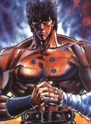 Rule 34 | 1boy, bandages, black hair, bracer, hara tetsuo, hokuto no ken, kenshiro, male focus, manly, muscular, punching hand, scar, serious, topless male, solo