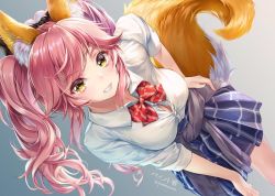 Rule 34 | 1girl, animal ear fluff, animal ears, blue skirt, blue sweater, blush, bow, bowtie, breasts, cleavage, clothes around waist, commentary request, day, dutch angle, fate/extra, fate (series), fox ears, fox tail, grin, hair bow, hand on own hip, hand on own thigh, large breasts, leaning forward, light particles, long hair, looking at viewer, official alternate costume, paint musume, pink hair, red bow, red bowtie, school uniform, shirt, sidelocks, signature, skirt, smile, solo, sweater, sweater around waist, tail, tamamo (fate), tamamo no mae (fate/extra), twintails, twitter username, white shirt, yellow eyes