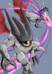 Rule 34 | absurdres, artist request, claws, deathmon, demon, demon wings, digimon, digimon (creature), electricity, energy ball, fingernails, flying, grey background, highres, horns, looking at viewer, muscular, no humans, sharp fingernails, simple background, solo, tail, wings, yellow eyes