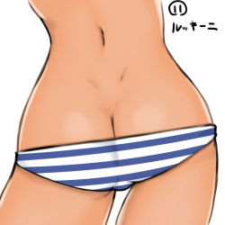Rule 34 | 1girl, ass, ass focus, butt crack, dimples of venus, francesca lucchini, highres, isosceles triangle (xyzxyzxyz), monochrome background, panties, simple background, solo, strike witches, striped clothes, striped panties, tan, underwear, white background, world witches series