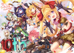Rule 34 | &gt;:(, 6+girls, :d, :o, ;), ;p, ahoge, aiming, animal print, anniversary, apron, arms up, aviator sunglasses, back bow, bead necklace, beads, belt, belt pouch, black bow, black gloves, blonde hair, blue eyes, blush, bottle, bow, bow (weapon), bowtie, breasts, bright pupils, brown gloves, champagne flute, choker, claw (weapon), cloud, commentary, confetti, congratulations, corset, cross-laced clothes, cross-laced corset, crossbow, cup, diamond-shaped pupils, diamond (shape), dot nose, dress, drinking glass, elbow gloves, electricity, electrokinesis, eyewear on head, fang, finger on trigger, floating hair, food, gears, gloves, green hair, grin, gun, hair intakes, hands up, hat, highres, hohle (sennen sensou aigis), holding, holding crossbow, holding plate, holding power drill, holding weapon, horn ornament, horn ribbon, horns, jewelry, jiangshi, jumpsuit, lace trim, lei-mei, lina (sennen sensou aigis), long hair, long sleeves, looking at another, looking at viewer, maid, maid apron, maid headdress, meiha (sennen sensou aigis), midriff, multicolored hair, multiple girls, navel, necklace, ofuda, on cloud, one eye closed, open mouth, orb, pickle (sennen sensou aigis), pink hair, plate, pointy ears, pointy hat, pouch, power drill, purple eyes, qingdai guanmao, ramii (sennen sensou aigis), red bow, red eyes, red ribbon, red rope, remii, ribbon, rifle, rope, scope, sennen sensou aigis, shorts, sitting, skin fang, small breasts, smile, sniper rifle, socie (sennen sensou aigis), solar panel, spiked hair, spread fingers, streaked hair, sunglasses, symbol-shaped pupils, tabitha (sennen sensou aigis), taicho128, thigh strap, tiger print, tongue, tongue out, twintails, v-shaped eyebrows, waist bow, weapon, white hair, white jumpsuit, white pupils, wine bottle