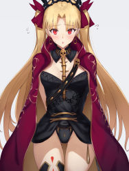 Rule 34 | 1girl, akatsuki ikki, arms behind back, asymmetrical legwear, asymmetrical sleeves, between breasts, black leotard, black thighhighs, blonde hair, blush, bow, breasts, cape, detached collar, earrings, ereshkigal (fate), fate/grand order, fate (series), flying sweatdrops, gold trim, grey background, hair bow, infinity symbol, jewelry, leotard, long hair, looking at viewer, medium breasts, open mouth, parted bangs, red bow, red cape, red eyes, simple background, single sleeve, single thighhigh, skull, solo, spine, thighhighs, thighs, tiara, two side up, uneven legwear, uneven sleeves, white background