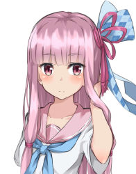 Rule 34 | 1girl, bad id, bad pixiv id, blunt bangs, blush, closed mouth, collarbone, commentary request, hair ribbon, hand in own hair, hand up, highres, kohakope, kotonoha akane, neckerchief, pink hair, pink ribbon, pink sailor collar, red eyes, red neckerchief, ribbon, sailor collar, school uniform, serafuku, shirt, short sleeves, simple background, solo, voiceroid, white background, white shirt