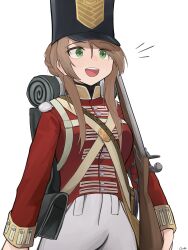 Rule 34 | 1girl, absurdres, ammunition pouch, artist name, backpack, bag, black hat, blush, bolt action, brown hair, coat, collared coat, commentary, cowboy shot, criss-cross straps, england, english commentary, gamryous, girls&#039; frontline, green eyes, gun, hair between eyes, hair knot, hair over shoulder, hat, highres, holding, holding gun, holding weapon, lee-enfield, lee-enfield (girls&#039; frontline), long hair, military uniform, open mouth, pants, pouch, red coat, rifle, shako cap, shoulder pouch, sidelocks, signature, simple background, sleeping bag, smile, solo, strap, teeth, uniform, united kingdom, upper teeth only, weapon, white background, white pants