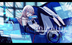 Rule 34 | 1girl, ahoge, blonde hair, blue eyes, blue upholstery, braid, cable, couch, elbow gloves, gloves, head-mounted display, headphones, holographic monitor, ia (vocaloid), letterboxed, long hair, monitor, pants, rindo, solo, twin braids, vocaloid