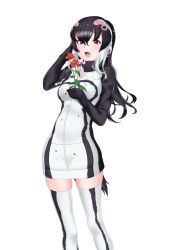 Rule 34 | 1girl, african penguin (kemono friends), black hair, black sweater, black thighhighs, blush, brown eyes, flower, hand in own hair, high collar, highres, holding, holding flower, kemono friends, long hair, long sleeves, losmal indicus, mittens, multicolored hair, open mouth, penguin girl, penguin tail, purple hair, solo, sweater, tail, thighhighs, two-tone sweater, two-tone thighhighs, white hair, white sweater, white thighhighs, zettai ryouiki