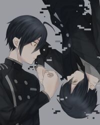 Rule 34 | 2boys, ahoge, black hair, black jacket, black necktie, breast pocket, brown eyes, buttons, closed mouth, collared shirt, danganronpa (series), danganronpa v3: killing harmony, double-breasted, dual persona, eye contact, from side, grey background, grey shirt, hair between eyes, highres, jacket, long sleeves, looking at another, male focus, multiple boys, necktie, pocket, saihara shuichi, shirt, short hair, yu sha rei