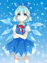 Rule 34 | 1girl, artist name, blue eyes, blue hair, bow, cirno, crossed arms, dress, hair bow, ice, ice wings, matching hair/eyes, ribbon, rosette (roze-ko), short hair, smile, snow, snowflakes, solo, touhou, wings
