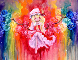 Rule 34 | 1girl, ascot, barefoot, blonde hair, blue flower, blue rose, blush, bow, collar, crossed legs, finale inoue, flandre scarlet, flower, flower ornament, frilled collar, frilled shirt collar, frills, green flower, green rose, hair between eyes, hand on lap, hand up, hat, hat bow, hat ornament, head tilt, legs, light particles, long hair, long sleeves, looking at viewer, mob cap, multicolored background, orange flower, orange rose, ponytail, red eyes, red flower, red rose, red skirt, red vest, rose, shirt, short hair, side ponytail, sitting, skirt, solo, touhou, traditional media, vest, white shirt, wings, wrist cuffs, yellow flower, yellow rose