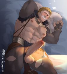 Rule 34 | 1boy, abs, bara, bare pectorals, blonde hair, blush, clothing aside, cum, cumdrip, drooling, erection, feet out of frame, fire emblem, fire emblem: three houses, from above, highres, large pectorals, leggings, lying, male focus, mouth drool, muscular, muscular male, navel, nintendo, nipples, on back, pectorals, pelvic curtain, pelvic curtain aside, raphael kirsten, rick penman, short hair, sleeping, solo, stomach, thick thighs, thighs, torn clothes, torn legwear, uncensored, wet dream, zzz