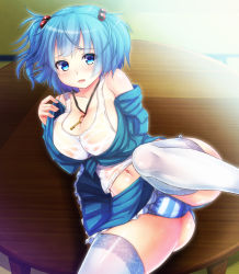 Rule 34 | 1girl, blue eyes, blue hair, blush, breasts, cleavage, ebi 193, female focus, hair bobbles, hair ornament, kawashiro nitori, key, large breasts, looking at viewer, matching hair/eyes, navel, open clothes, open mouth, panties, pantyshot, revision, short hair, skirt, solo, striped clothes, striped panties, tank top, thighhighs, touhou, twintails, two side up, underwear, white thighhighs