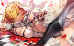 Rule 34 | 1girl, aestus estus, ahoge, bare shoulders, blonde hair, blush, breasts, bridal veil, chain, cleavage, closed mouth, cuffs, fate/extra, fate/extra ccc, fate (series), gloves, goomrrat, green eyes, hair between eyes, hair intakes, head wreath, highres, large breasts, leotard, lock, long hair, looking at viewer, lying, nero claudius (bride) (fate), nero claudius (bride) (second ascension) (fate), nero claudius (fate), nero claudius (fate) (all), on stomach, padlock, petals, rose petals, smile, solo, veil, white gloves, white leotard, zipper
