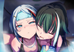 Rule 34 | 2girls, :t, admiral graf spee (azur lane), azur lane, bare shoulders, black hair, black tank top, blue eyes, blush, cheek-to-cheek, cold pack, collarbone, commentary request, deutschland (azur lane), fang, food, hair between eyes, hair ornament, hairclip, half-closed eyes, heads together, highres, holding, indoors, long hair, looking at viewer, multicolored hair, multiple girls, nose blush, open mouth, popsicle, pov, red hair, refrigerator, shimofuji jun, short hair, siblings, sidelocks, sisters, skin fang, streaked hair, summer, sweat, tank top, upper body, very long hair, white hair