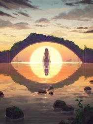 Rule 34 | 1girl, backlighting, bridge, building, cloud, cloudy sky, dress, hiko (scape), horizon, looking at viewer, optical illusion, original, outdoors, overgrown, plant, purple dress, reflection, rock, ruins, see-through, sky, skyscraper, solo, standing, sun, sunrise, twilight, v arms, veil, wading, waiting, water surface, waves