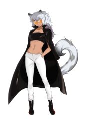 Rule 34 | 1girl, absurdres, animal ears, azmi yudista, bandeau, black coat, black footwear, boots, coat, coat on shoulders, commentary, commission, dark skin, full body, grin, highres, leopard ears, leopard tail, long hair, looking at viewer, midriff, navel, open clothes, open coat, original, pants, parted lips, simple background, smile, solo, standing, stomach, strapless, sunglasses, tail, tube top, white background, white hair, white pants