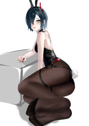 Rule 34 | 1girl, absurdres, alternate costume, animal ears, azur lane, back, black hair, black leotard, blush, breasts, brown pantyhose, chinese commentary, closed mouth, ear piercing, fake animal ears, feet, full body, hair between eyes, hair over one eye, hand on table, highres, horns, legs, leotard, lips, looking at viewer, mianbaoren, nail polish, on floor, pantyhose, piercing, playboy bunny, rabbit ears, rabbit tail, red horns, red nails, short hair, soles, solo, table, tail, thighs, ulrich von hutten (azur lane), white background, yellow eyes