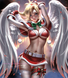 Rule 34 | angel wings, armpits, arms up, artist name, backlighting, bell, belt, belt buckle, bikini, bikini top only, blonde hair, blue eyes, blurry, blurry background, bow, bowtie, breasts, buckle, capelet, cleavage, collar, commentary, depth of field, earrings, elbow gloves, english commentary, feathered wings, fur-trimmed bikini top, fur-trimmed capelet, fur-trimmed skirt, fur trim, gloves, green bow, green bowtie, hands in hair, highres, jewelry, jingle bell, large breasts, liang xing, long hair, mercy (overwatch), miniskirt, navel, overwatch, overwatch 1, parted lips, pink lips, pom pom (clothes), red bikini, red bow, red capelet, red gloves, red skirt, side slit, signature, skirt, smile, solo, stomach, swimsuit, thigh gap, thigh strap, thighhighs, underboob, watermark, web address, white thighhighs, white wings, wings