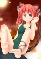 Rule 34 | 1girl, absurdres, adapted costume, animal ears, ankle ribbon, barefoot, casual one-piece swimsuit, cat ears, cat girl, cat tail, fang, feet, female focus, green one-piece swimsuit, highres, kaenbyou rin, leg ribbon, multiple tails, niiya, one-piece swimsuit, red eyes, red hair, ribbon, short hair, slit pupils, soles, solo, swimsuit, tail, toe scrunch, toenails, toes, touhou, tsurime, twintails