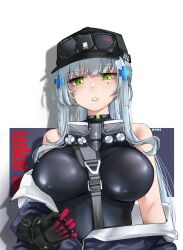 Rule 34 | 1girl, absurdres, artist name, baseball cap, black gloves, blue hair, breasts, breasts apart, character name, commentary, cross hair ornament, english commentary, girls&#039; frontline, girls&#039; frontline 2: exilium, gloves, hair ornament, hat, highres, hk416 (girls&#039; frontline), large breasts, looking at viewer, nym+ (nymplus), off shoulder, parted lips, partially open jacket, purple background, red gloves, sidelocks, solo, straight-on, tattoo, teardrop facial mark, teardrop tattoo, two-tone background, two-tone gloves, upper body, white background