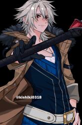 Rule 34 | 1boy, absurdres, artist name, belt, black background, black gloves, blue shirt, brown coat, closed mouth, coat, commentary request, crow armbrust, eiyuu densetsu, fur-trimmed coat, fur trim, gloves, grey hair, hair between eyes, highres, holding, holding weapon, jewelry, kishiki0318, male focus, necklace, red eyes, sen no kiseki, sen no kiseki iv, shirt, simple background, smile, solo, standing, twitter username, weapon, white shirt, white undershirt