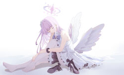 Rule 34 | 1girl, absurdres, angel wings, bare shoulders, blue archive, cake walker, dress, halo, highres, long hair, mika (blue archive), pantyhose, pink hair, simple background, solo, white background, white dress, white pantyhose, white wings, wings