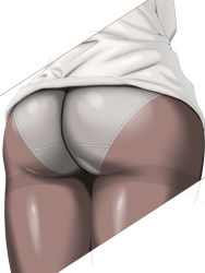 Rule 34 | 1girl, ass, brown pantyhose, crotch seam, from behind, grey panties, lower body, moira (picid), original, panties, panties under pantyhose, pantyhose, shirt, simple background, solo, standing, thighband pantyhose, underwear, white background, white shirt