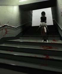 Rule 34 | 1girl, arms at sides, black dress, black thighhighs, blood, blood on clothes, blood on wall, blood splatter, bloody weapon, ceiling light, chikapuka, choker, dagger, dress, dual wielding, facing viewer, fluorescent lamp, hair ornament, highres, holding, holding weapon, indoors, knife, railing, shade, sidelocks, sleeveless, sleeveless dress, solo, spikes, spy x family, stairs, standing, stiletto (weapon), thighhighs, tile wall, tiles, train (clothing), two-sided fabric, two-sided skirt, weapon, wrist cuffs, yor briar
