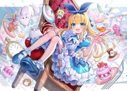 Rule 34 | 1girl, :d, akabane (zebrasmise), apron, black bow, black ribbon, blonde hair, blue dress, blue footwear, blush, bow, card, cat, character doll, checkered floor, clock, collared dress, cream puff, cup, cupcake, dress, flower, food, fork, frilled apron, frilled dress, frills, full body, green eyes, hair ribbon, hat, heart, long hair, mononobe alice, mononobe alice (1st costume), nijisanji, open mouth, party popper, pink flower, plate, playing card, puffy short sleeves, puffy sleeves, ribbon, saucer, shoes, short sleeves, smile, socks, solo, spoon, streamers, teacup, throne, top hat, virtual youtuber, white apron, white socks