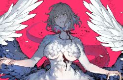 Rule 34 | 1girl, blood, breasts, brown hair, commentary request, dungeon meshi, falin touden, falin touden (chimera), feathers, fingernails, highres, injury, large breasts, looking at viewer, mephisto (angraecum), monster girl, red background, short hair, simple background, solo, tail, underboob, white wings, wings, yellow eyes