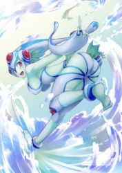 Rule 34 | 1girl, artist request, ass, bandai, bare shoulders, barefoot, breasts, colored skin, curvy, digimon, digimon (creature), facial mark, female focus, fish girl, gauntlets, green skin, helmet, looking back, monster girl, one-piece swimsuit, ranamon, red eyes, smile, swimming, swimsuit, water