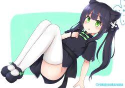 Rule 34 | 1girl, absurdres, animal ear fluff, animal ears, artist name, black dress, black footwear, black hair, blue archive, blunt bangs, china dress, chinese clothes, dress, full body, green eyes, hand on own chest, highres, knees up, legs, long hair, lying, mary janes, on back, open mouth, rokujyou kazuma, shoes, short sleeves, shun (blue archive), shun (small) (blue archive), solo, thighhighs, thighs, tiger ears, tiger girl, twintails, white thighhighs