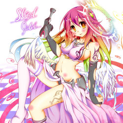 Rule 34 | 1girl, :p, angel wings, asymmetrical legwear, blush, breasts, bridal gauntlets, character name, chess piece, spiked halo, crop top, earth0, feathered wings, gloves, gradient hair, halo, highres, jibril (no game no life), large breasts, long hair, low wings, magic circle, midriff, mismatched legwear, multicolored hair, navel, no game no life, pink hair, sideboob, solo, tattoo, tongue, tongue out, very long hair, white wings, wing ears, wings, yellow eyes