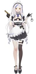 Rule 34 | 1girl, :d, absurdres, ahoge, apron, asymmetrical legwear, badge, bandaged arm, bandages, belt, black belt, black dress, black footwear, black gloves, black thighhighs, blue hair, blue ribbon, blush, bow, braid, braided bangs, breasts, cleavage, clothing cutout, cokio, cuffs, detached collar, dress, explosive, finger on trigger, fishnet armwear, fishnet pantyhose, fishnets, flashbang, footwear bow, frilled apron, frilled dress, frills, full body, gloves, golden gun, grenade, grey hair, gun, handcuff dangle, handcuffs, handgun, hands up, highres, holding, holding gun, holding handcuffs, holding weapon, holster, index finger raised, large breasts, long hair, looking at viewer, maid, maid headdress, mary janes, multicolored hair, multicolored nails, neck ribbon, official art, one side up, open mouth, panties, panty straps, pantyhose, parted bangs, platform footwear, pointy ears, ribbon, riki (vtuber), shoes, short dress, short sleeves, side-tie panties, side braid, side cutout, single fishnet armwear, single leg pantyhose, single thighhigh, single wrist cuff, smile, solo, square neckline, standing, stardust project, streaked hair, tachi-e, teeth, thigh holster, thigh strap, thighhighs, tongue, transparent background, underwear, uneven legwear, very long hair, virtual youtuber, weapon, weapon print, white apron, white bow, wrist cuffs, yellow eyes