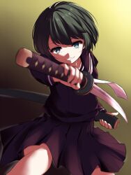 Rule 34 | 1girl, asagi nanami, black hair, black sailor collar, black serafuku, black shirt, black skirt, blue eyes, blurry, bright pupils, commentary request, cowboy shot, depth of field, fangs, fighting stance, foreshortening, gradient background, grin, hair between eyes, highres, holding, holding sheath, holding sword, holding weapon, katana, kuryo nozomi, looking at viewer, nie no hakoniwa, pleated skirt, sailor collar, school uniform, serafuku, sheath, shirt, short hair, short sleeves, simple background, skirt, smile, solo, straight-on, sword, tsurime, weapon, yellow background