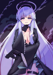 Rule 34 | 1girl, alternate costume, black dress, black gloves, blue archive, blunt bangs, breasts, broken halo, cleavage, commentary request, cosplay, dark persona, dress, flareza, gloves, grey hair, gun, halo, hand on own chin, handgun, headgear, highres, holding, holding gun, holding weapon, long hair, long sleeves, looking at viewer, medium breasts, noa (blue archive), parted lips, purple eyes, shiroko (blue archive), shiroko terror (blue archive), shiroko terror (blue archive) (cosplay), side slit, sidelocks, smile, smoke, solo, weapon, wide sleeves