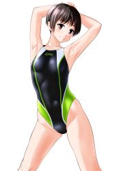 Rule 34 | 1girl, absurdres, armpits, arms behind head, black hair, black one-piece swimsuit, breasts, clothes writing, commentary request, competition swimsuit, covered navel, feet out of frame, highleg, highleg swimsuit, highres, multicolored clothes, multicolored swimsuit, one-piece swimsuit, original, parted lips, red eyes, short hair, simple background, small breasts, smile, solo, swimsuit, takafumi, white background