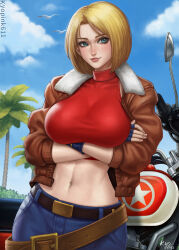 Rule 34 | 1girl, belt, blonde hair, blue eyes, blue mary, bob cut, breasts, cowboy shot, crop top, crossed arms, denim, fingerless gloves, gloves, jacket, jeans, kyopink, large breasts, leather, leather jacket, linea alba, looking at viewer, loose belt, medium hair, midriff, motor vehicle, motorcycle, navel, nose, outdoors, palm tree, pants, parted hair, red shirt, shirt, sky, sleeveless turtleneck crop top, smile, solo, straight hair, taut clothes, taut shirt, the king of fighters, tree, turtleneck crop top