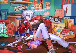 1girl bag box breasts choker gloves grey_hair hair_flowing_over highres jacket long_hair long_sleeves looking_at_viewer open_clothes open_jacket phonograph poster_(object) record red_jacket senki_zesshou_symphogear shoes sitting sneakers solo stuffed_toy thighhighs thighs thundergotch very_long_hair white_gloves white_thighhighs yukine_chris