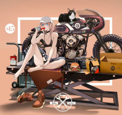 Rule 34 | 1girl, bare shoulders, barefoot, baseball cap, bikini, black bikini, blue eyes, box, breasts, burger, can, cardboard box, cat, character name, chinese commentary, choker, commentary request, drink can, drinking, food, full body, girls&#039; frontline, hat, lin+, looking at viewer, motor vehicle, motorcycle, navel, official alternate costume, official art, pink hair, ponytail, shoes, sitting, small breasts, soda can, solo, st ar-15 (breeze in a summer afternoon) (girls&#039; frontline), st ar-15 (girls&#039; frontline), swimsuit, tools, unworn shoes, white hat