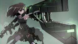 Rule 34 | 1girl, absurdres, assault rifle, closed mouth, clothes around waist, commentary, cowboy shot, dual wielding, einheadt, energy cannon, english commentary, girls&#039; frontline, green hair, gun, hair between eyes, highres, holding, holding gun, holding weapon, huge filesize, jacket, jacket around waist, knee pads, long hair, looking at viewer, m4 carbine, m4a1 (girls&#039; frontline), m4a1 (mod3) (girls&#039; frontline), mod3 (girls&#039; frontline), multicolored hair, rifle, scarf, serious, solo, streaked hair, torn clothes, torn jacket, weapon