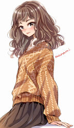Rule 34 | 1girl, arm support, artist name, blush, brown eyes, brown hair, brown skirt, brown sweater, collared shirt, commentary request, fingernails, freckles, long sleeves, looking at viewer, medium hair, original, pleated skirt, shirt, signature, simple background, skirt, solo, sugano manami, sweater, tongue, tongue out, wavy hair, white background, white shirt