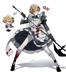 Rule 34 | 1boy, @ @, alternate costume, apron, back bow, black dress, black gloves, blonde hair, blood, blood on clothes, blood on face, bow, chibi, closed mouth, crying, crying with eyes open, dress, empty eyes, enmaided, frilled apron, frilled dress, frills, full body, gloves, hair between eyes, halberd, highres, holding, holding polearm, holding weapon, id card, juliet sleeves, leggings, limbus company, long sleeves, looking at viewer, maid, maid apron, maid headdress, male focus, mu46016419, polearm, project moon, puffy sleeves, serious, short hair, simple background, sinclair (project moon), solo, tears, weapon, white apron, white background, white bow, white leggings, yellow eyes