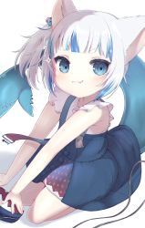 Rule 34 | 1girl, aged down, animal ears, bag, blue eyes, blue hair, cat ears, child, commentary, fang, fang out, fins, fish tail, gawr gura, gawr gura (casual), highres, hololive, hololive english, kneeling, light blue hair, looking at viewer, multicolored hair, official alternate costume, one side up, ro (igris-geo), shark, shark tail, skin fang, solo, streaked hair, tail, virtual youtuber, white background, white hair