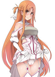 Rule 34 | 1girl, armor, asuna (sao), asuna (stacia), bare shoulders, blush, braid, breastplate, brown eyes, brown hair, cameltoe, clothes lift, crown braid, dress, dress lift, elbow gloves, female focus, glaring, gloves, h2o (ddks2923), highres, lifted by self, long hair, looking at viewer, simple background, solo, standing, sword art online, sword art online: alicization, sword art online: alicization - war of underworld, thighhighs, thighs, white background, white gloves, white thighhighs