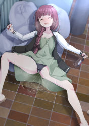 Rule 34 | 1girl, ^ ^, alcohol, beer, black bow, black jacket, black panties, blunt bangs, blurry, blush, bocchi the rock!, bottle, bow, braid, breasts, breath, brown footwear, cameltoe, casual peeing, closed eyes, collarbone, depth of field, dress, drink, drinking straw, drooling, drunk, fang, female focus, geta, green dress, hair bow, hair over shoulder, hand up, happy, highres, hiroi kikuri, holding, holding bottle, holding drink, jacket, juice box, long hair, long sleeves, lying, ms himematu, nose blush, on back, open clothes, open jacket, open mouth, outdoors, panties, pantyshot, pee, peeing, peeing self, public indecency, puddle, raglan sleeves, railing, red hair, saliva, sandals, shiny skin, sidelocks, single braid, single sandal, small breasts, smile, solo, spread legs, steam, thighs, tile floor, tiles, trash bag, underwear, upskirt, white sleeves