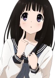 Rule 34 | 1girl, absurdres, black hair, black sailor collar, blush, chitanda eru, commentary request, dot nose, facing viewer, hands up, highres, hyouka, index finger raised, kamiyama high school uniform (hyouka), kicchi (tmgk), long hair, long sleeves, looking up, parted lips, purple eyes, sailor collar, school uniform, sidelocks, simple background, solo, tareme, thinking, upper body, white background