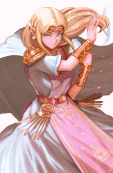 Rule 34 | 1girl, armor, blonde hair, blue eyes, breasts, cape, commentary, dress, earrings, english commentary, floating hair, hand on own hip, hand up, highres, jewelry, long hair, looking at viewer, medium breasts, mynare, nintendo, parted bangs, pauldrons, pointy ears, princess zelda, short sleeves, shoulder armor, smile, solo, tabard, the legend of zelda, the legend of zelda: a link between worlds, triangle earrings, triforce print, white dress