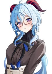 Rule 34 | 1girl, absurdres, ahoge, black bow, black shirt, blue hair, blush, bow, breasts, c1p122, commentary request, crossed bangs, curled horns, eyelashes, frilled shirt, frills, ganyu (china merchants bank) (genshin impact), ganyu (genshin impact), genshin impact, glasses, goat horns, hair between eyes, highres, horns, long hair, long sleeves, looking at viewer, official alternate costume, purple eyes, red eyewear, red horns, semi-rimless eyewear, shirt, shirt tucked in, sidelocks, simple background, solo, triangle mouth, turtleneck, upper body, white shirt