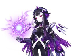 Rule 34 | 1girl, arm armor, armor, black bodysuit, black hair, bodysuit, breasts, closed mouth, colored skin, cowboy shot, dot nose, electricity, electrokinesis, energy ball, game cg, gem, gradient hair, headgear, large breasts, long hair, master of eternity, multicolored hair, non-web source, official art, purple armor, purple gemstone, purple hair, ranthea (master of eternity), red eyes, robot girl, sidelocks, simple background, solo, thigh armor, transparent background, two-tone hair, very long hair, white skin